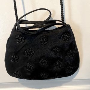 Vintage Black Beaded Flowers Satin Clutch Purse